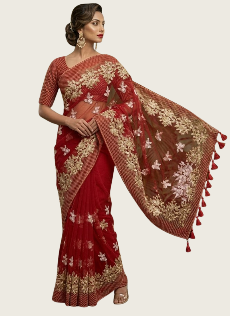 Pure Maslin Saree with Embroidery &amp; Matching Blouse Piece, shop Indian saree online Australia
