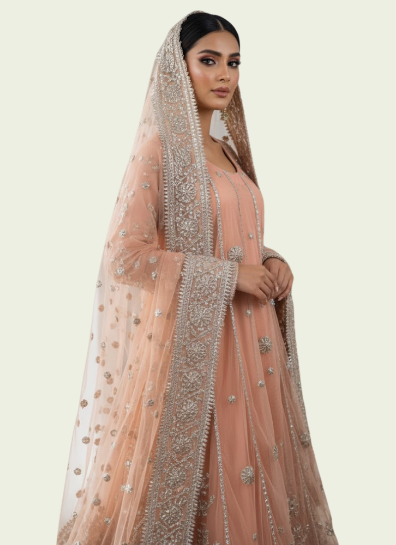 Pakistani Anarkali Dress – Peach Net Gota Patti