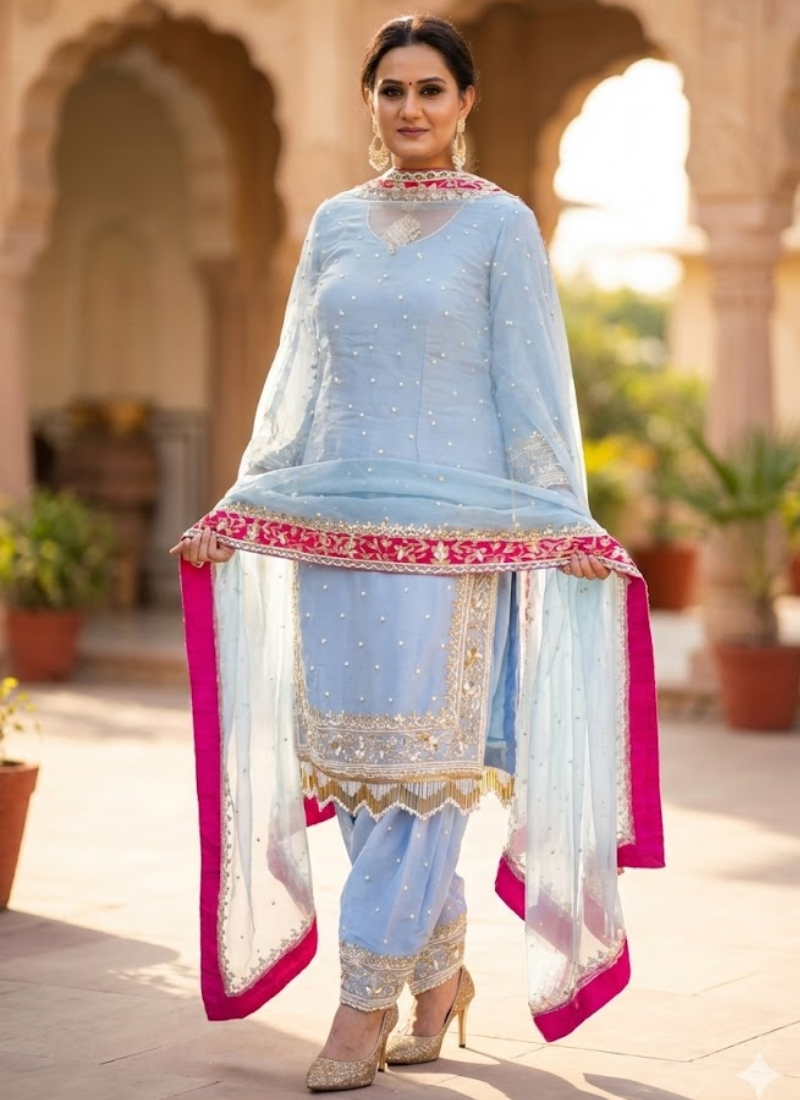 Heavy Georgette Farshi Plazzo Suit with Embroidery & Dupatta