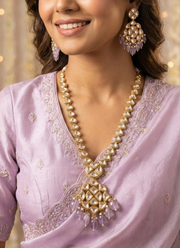 Long Kundan Necklace with Earrings – Light Purple Beads 3