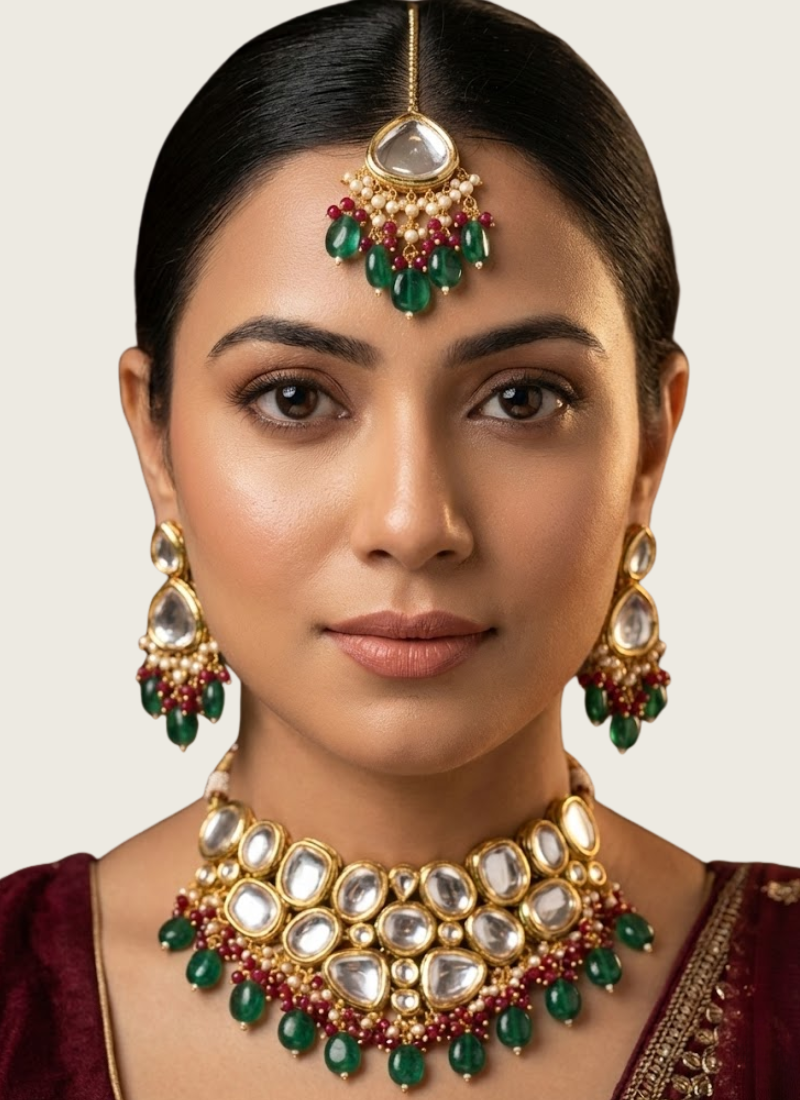 Kundan Necklace Set with Earrings & Tikka – Green & Red Beads | Gleemiumfashion Jewelry