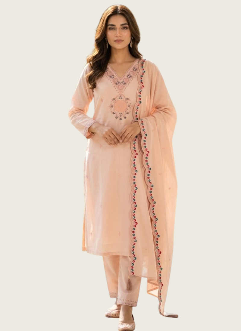 Light Peach Roman Silk Punjabi Suit with Embroidery & Sequence Dupatta | gleemium fashion best fashion items 