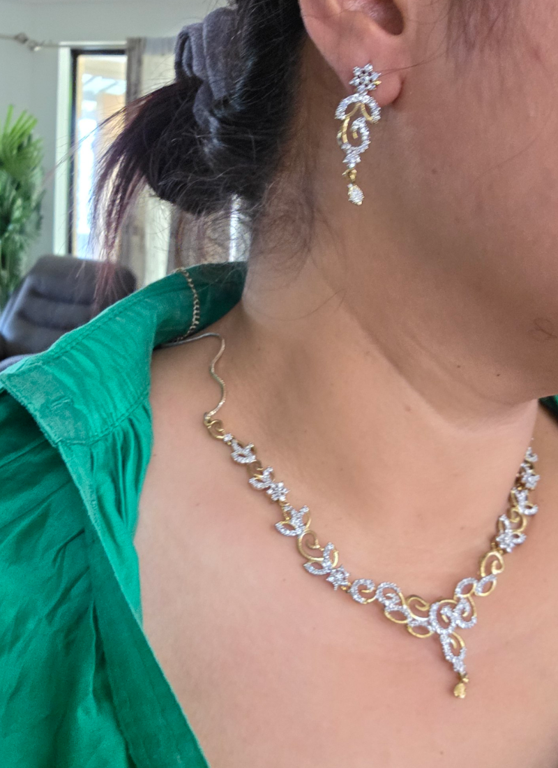 Silver & Gold Necklace Set with Earrings and Diamond Cut Stones