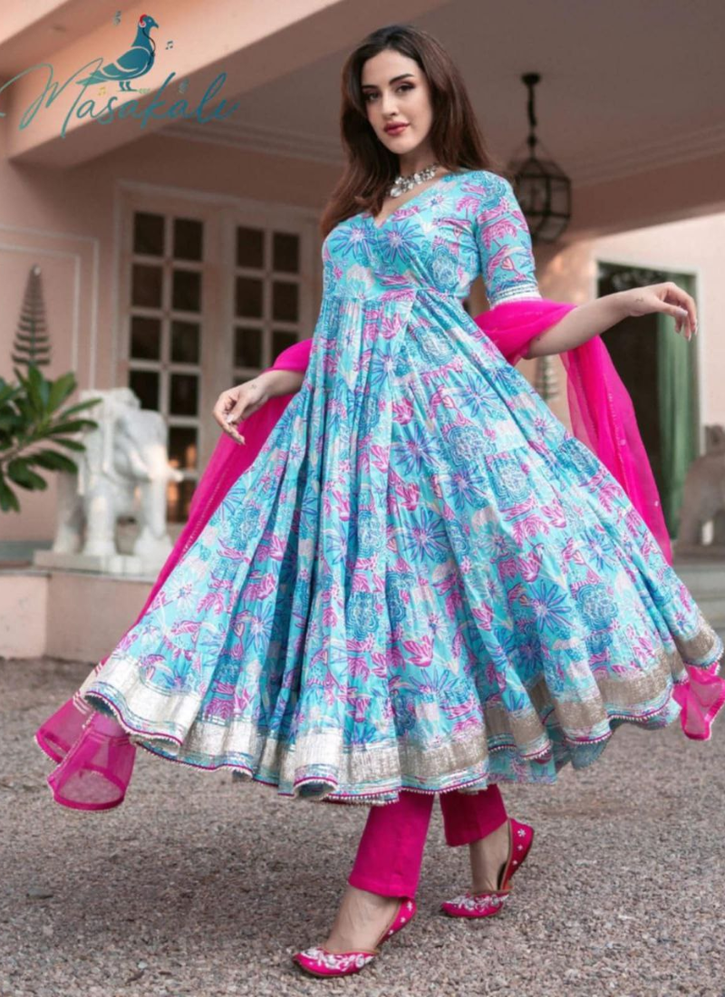 Maslin Anarkali Salwar Suit with Lace Work & Dupatta