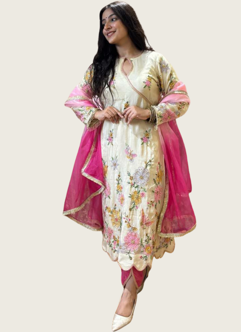 Churidar Suit in Chinon with Sequins Embroidery + Printed Organza Dupatta