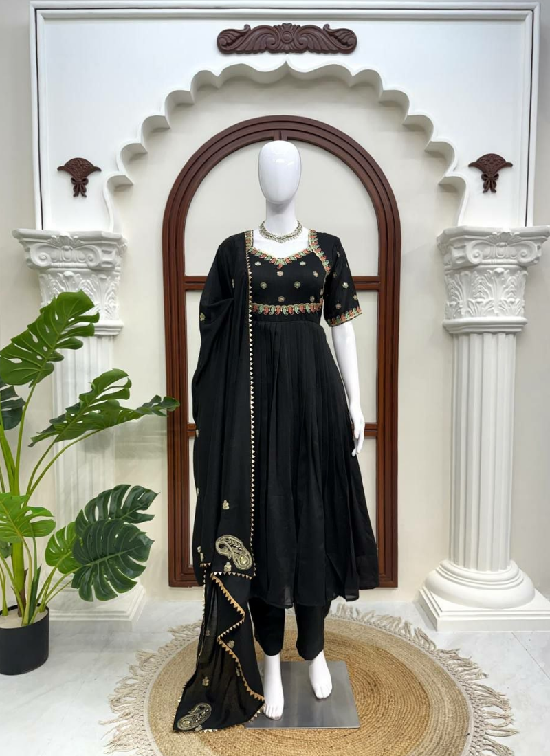 Vichitra Silk Gown Set with Dupatta – Thread & Sequence Work