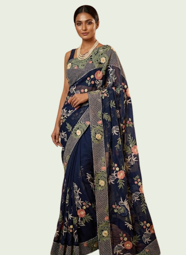 Black Maslin Saree with Floral Embroidery Australia