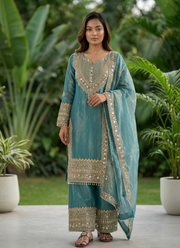 Fendy Silk Kurta Set with Dupatta – Embroidery & Lace Border 1