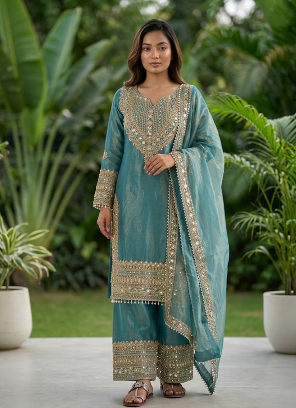 Fendy Silk Kurta Set with Dupatta – Embroidery &amp; Lace Border, salwar suit online Australia