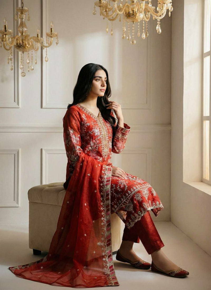 Crunchy Silk Punjabi Straight Suit with Heavy Embroidery + Dupatta
