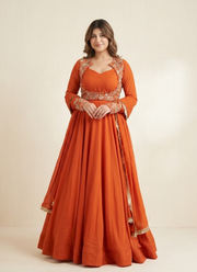 Orange Faux Georgette Anarkali Gown with Embroidery + Pant & Dupatta 5