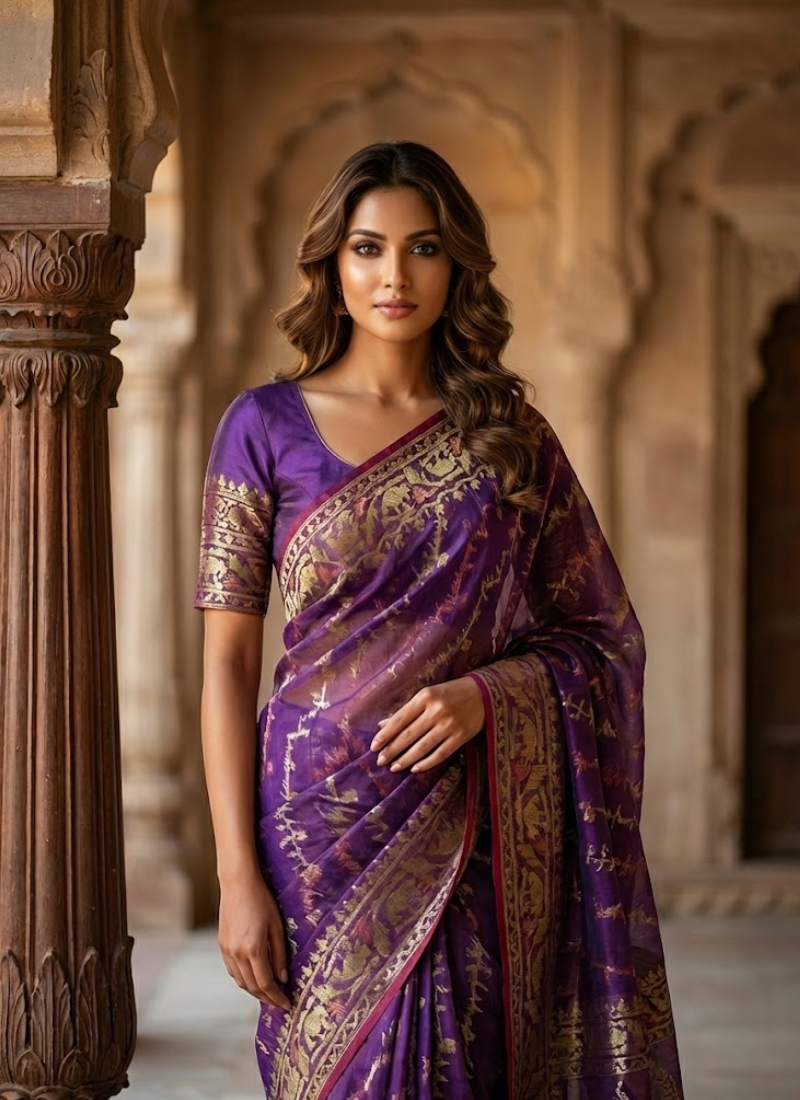 Dark Purple Jamdani Saree with Mari’s Thread Work