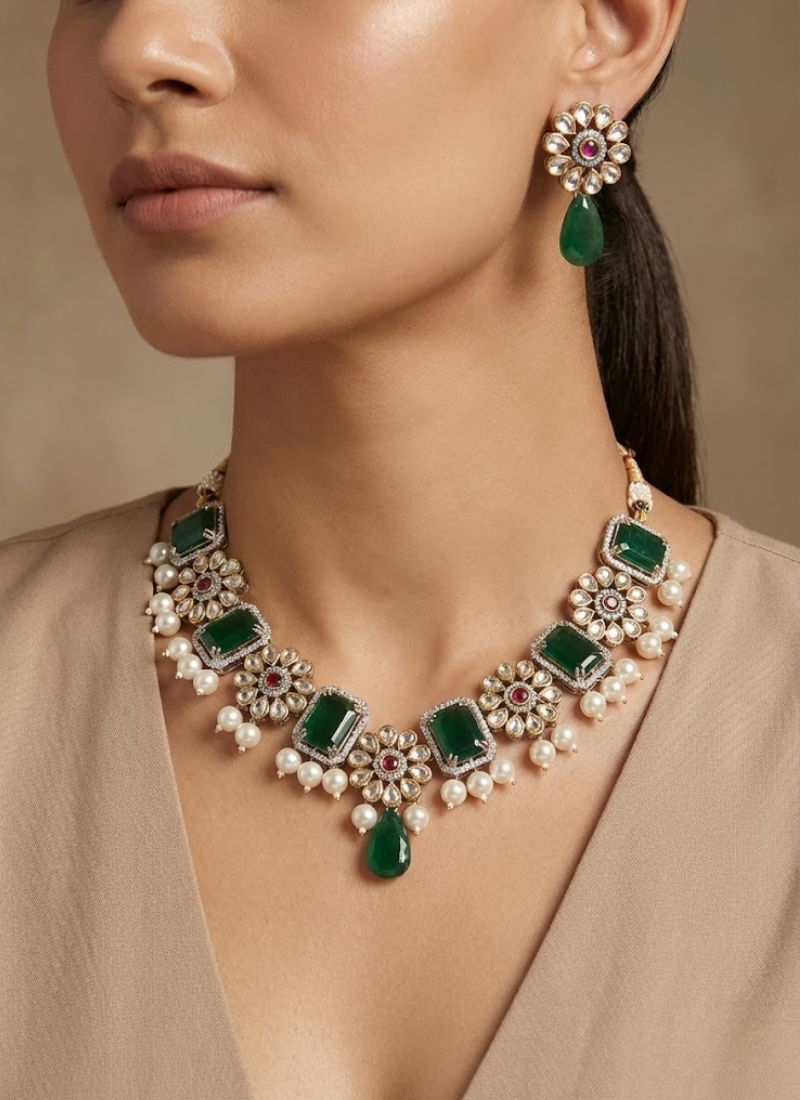 Green Stone Necklace Set with Earrings – Pearl Stone