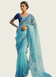 Aqua Blue Silk Saree with Floral Print, Beads & Katdana Handwork + Blouse Piece 8