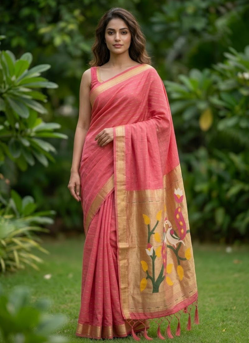 Cotton Paithani Saree – Zari Buttis & Pallu with Blouse Australia