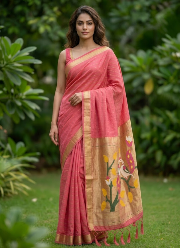 Cotton Paithani Saree – Zari Buttis & Pallu with Blouse, luxury sarees Australia