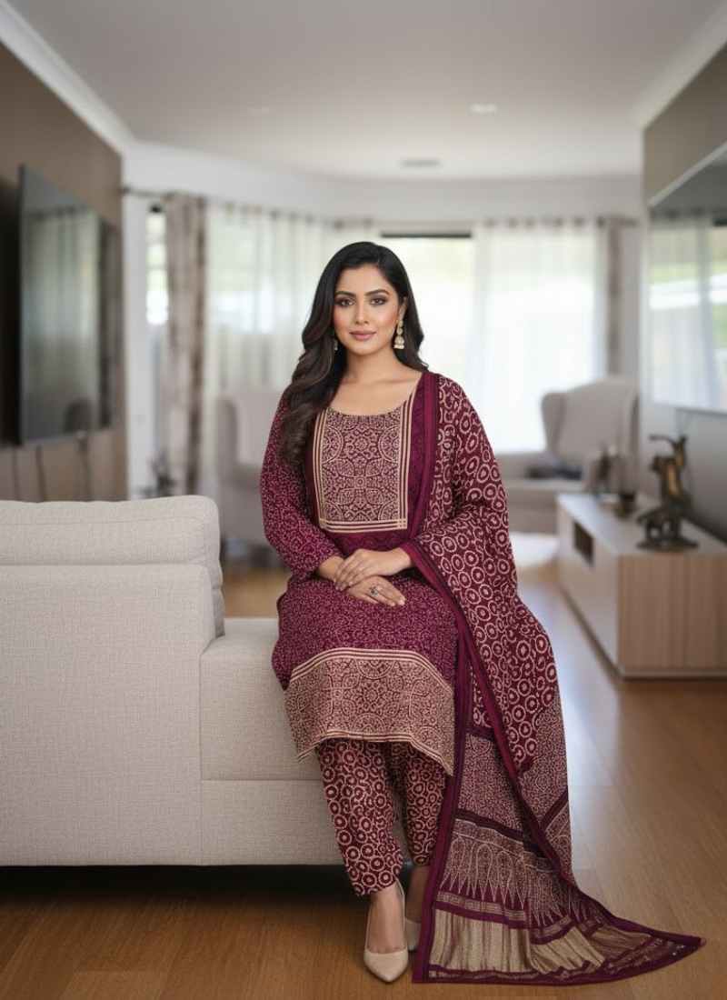 Pure Modal Ajrak Salwar Suit – Dupatta Kari Border