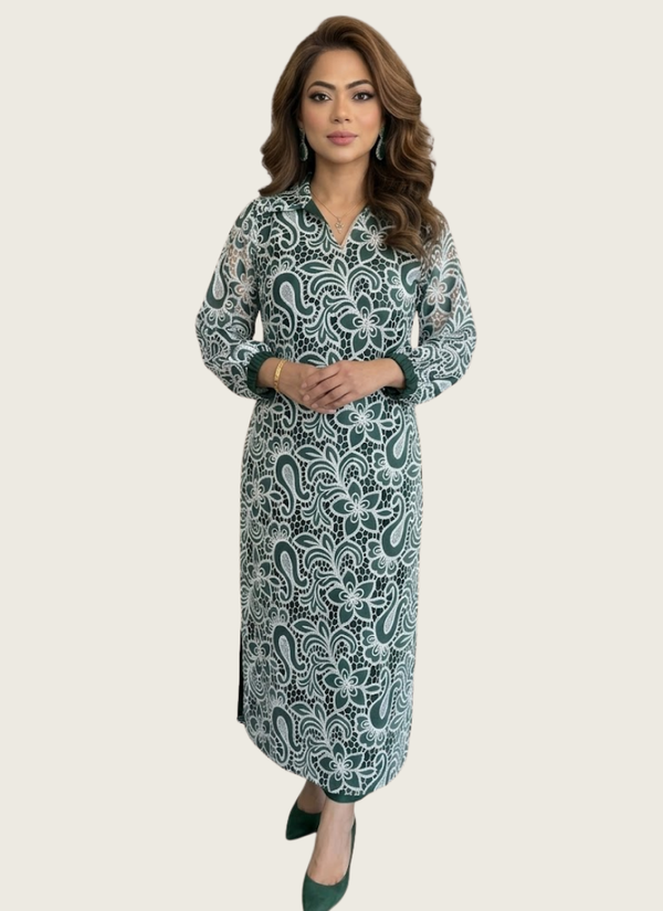 Bottle Green Silk Chikankari Co‑Ord Set with Divider Bottom