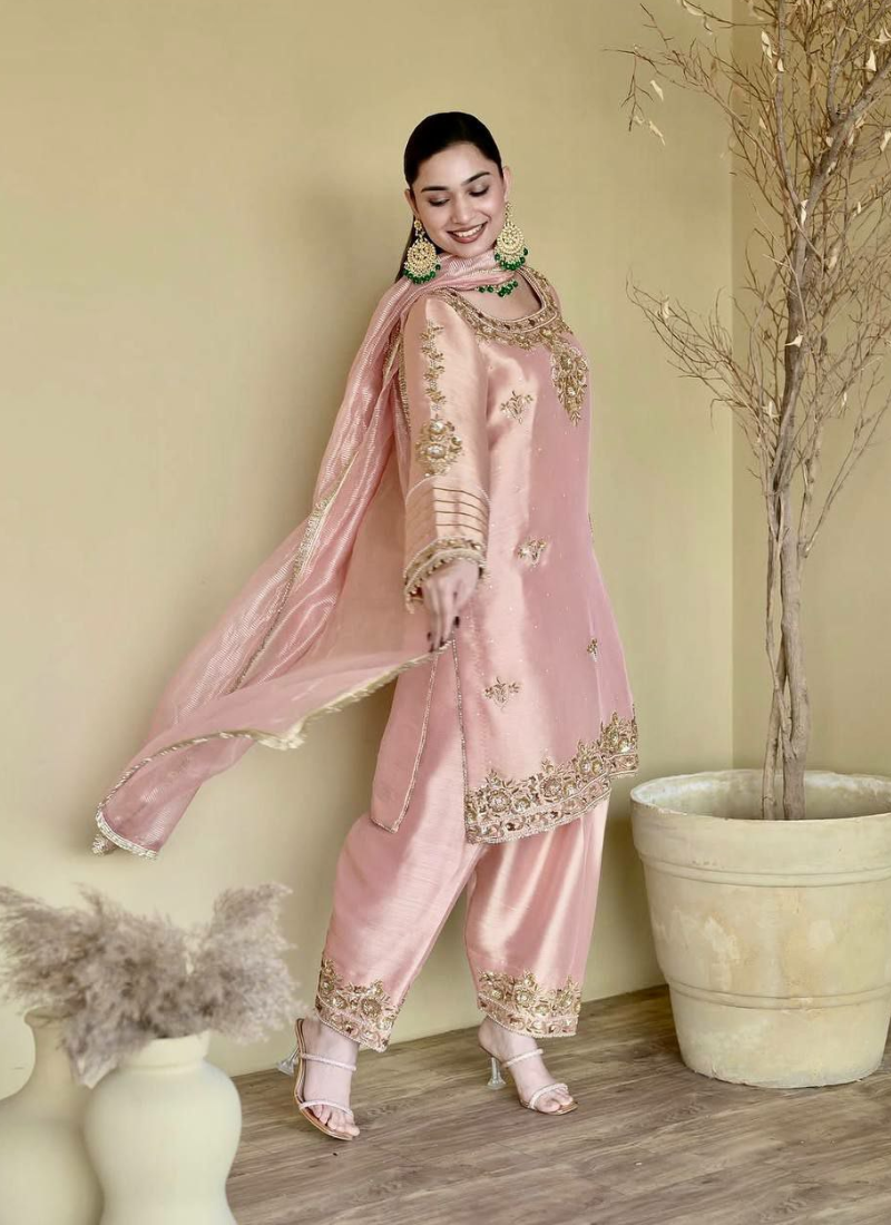 Natural Silk Palazzo Suit with Sequins & Pearl Moti Hand Work + Dupatta