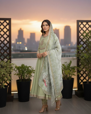 Pista Green Anarkoli Dress – Embroidered Chiffon with Silk Dupatta 1