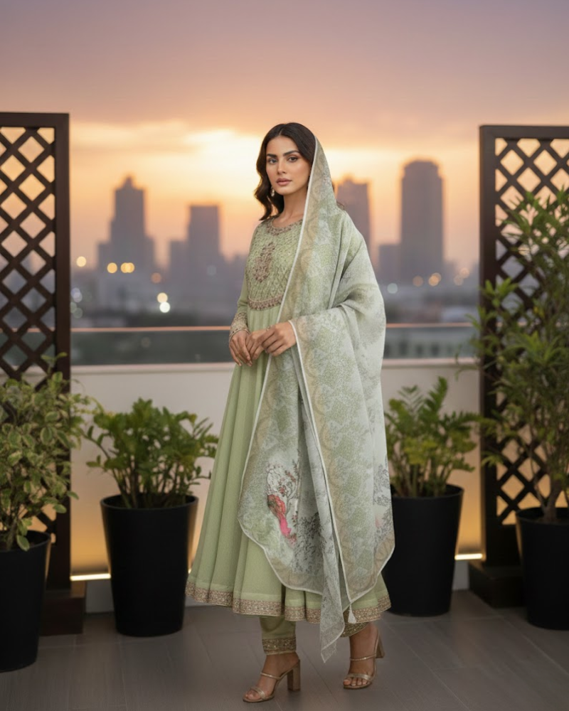 Pista Green Anarkoli Dress – Embroidered Chiffon with Silk Dupatta