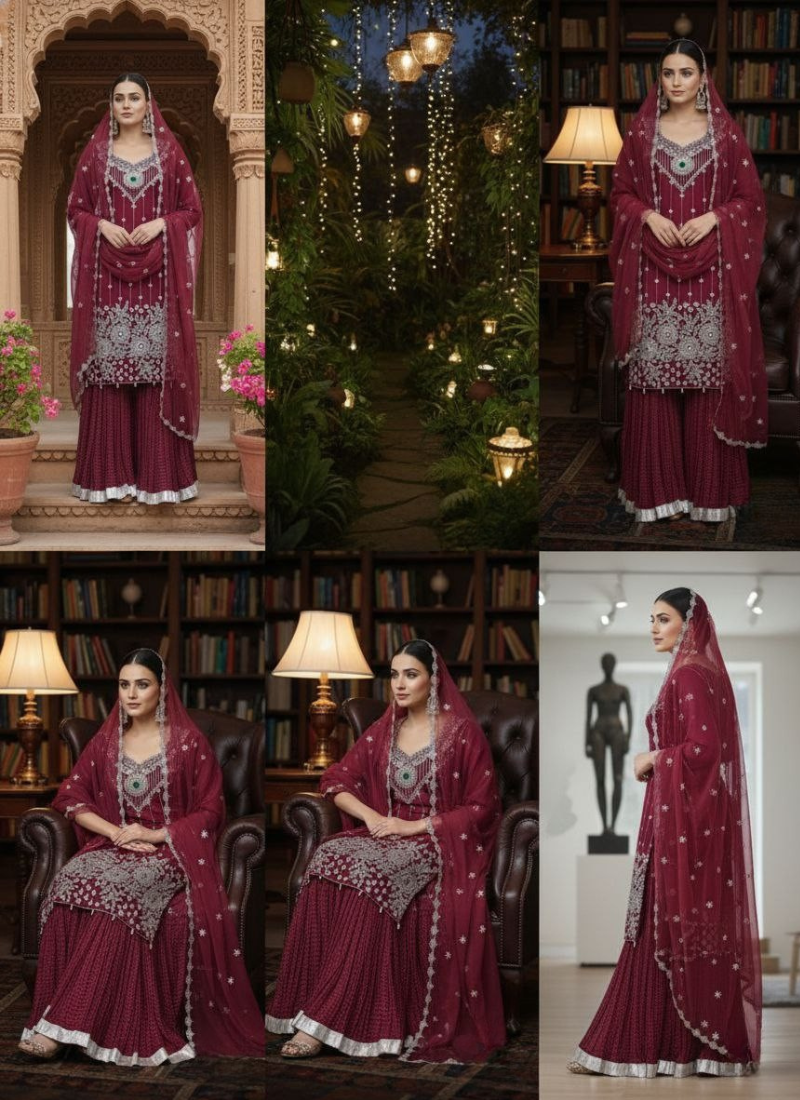 Maroon Pakistani Salwar Suit – Organza with Silver Embroidery