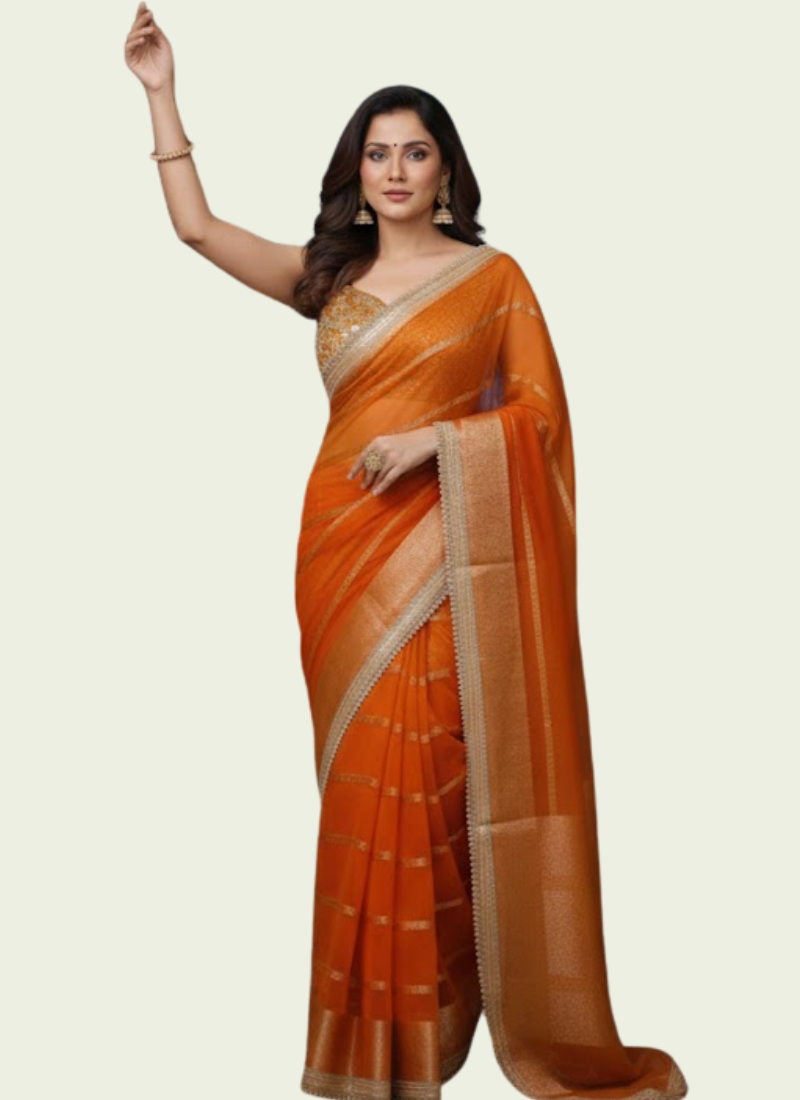 Banarasi Organza Saree with Blouse – Fanta Orange