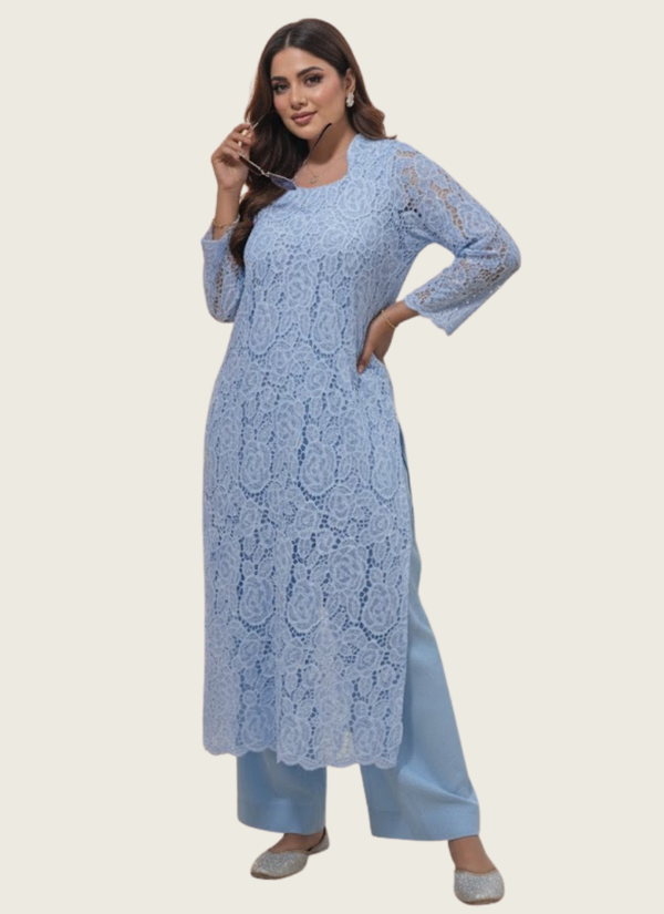 Powder Blue Silk Chikankari Co‑Ord Set with Divider Bottom, Indian woman online shop in Australia