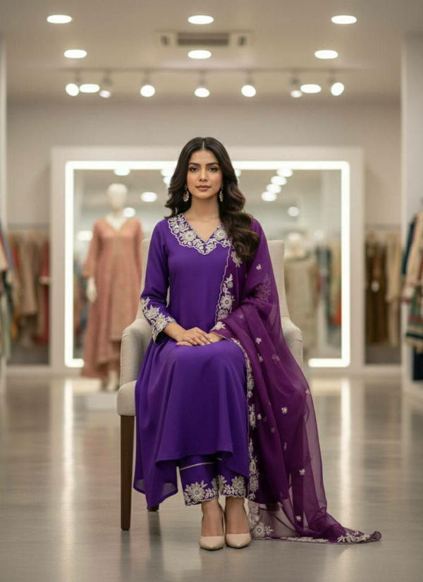 Punjabi Suit in Roman Silk with Embroidery Work + Organza Dupatta Australia
