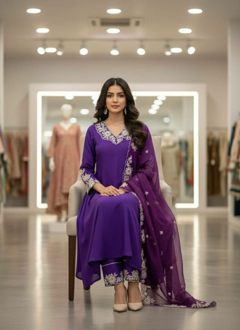 Punjabi Suit in Roman Silk with Embroidery Work + Organza Dupatta