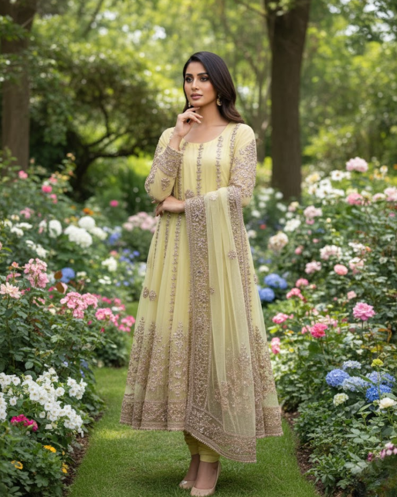 Yellow Net Pakistani Anarkali Dress – Gota Patti Hand Work