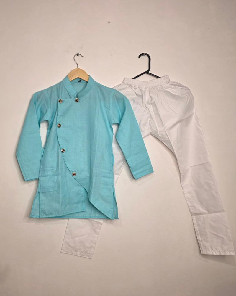 Kids Firoza Cotton Kurta with Embroidery & White Cotton Pyjama