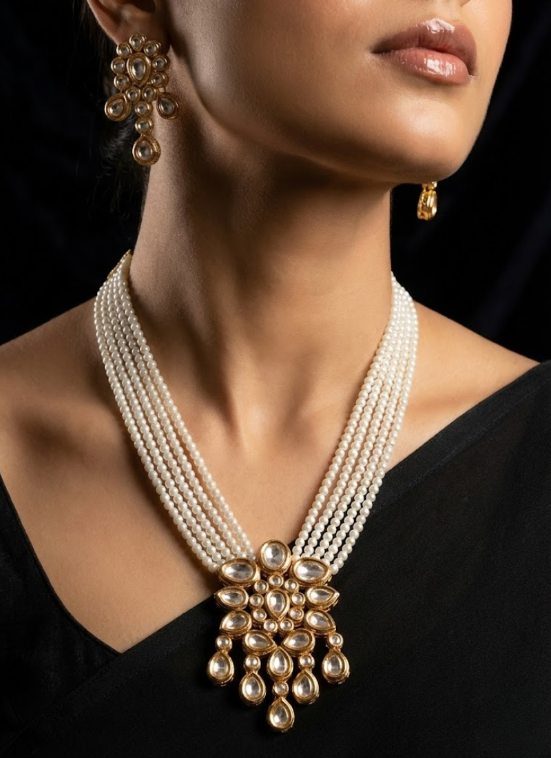 Kundan Necklace Set with Earrings – Pearl Finish