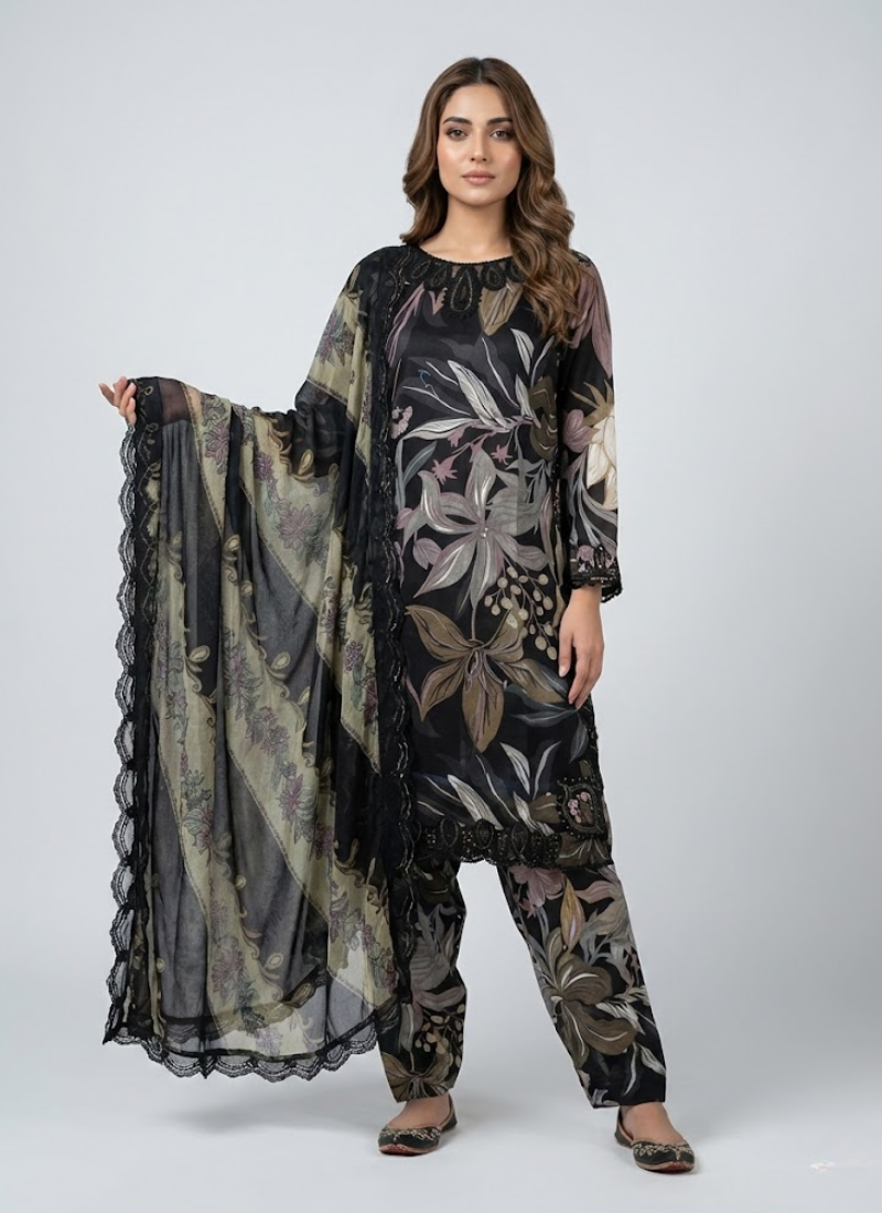 Women’s lawn cotton salwar kameez with chiffon dupatta, embroidered sleeves, and festive detailing