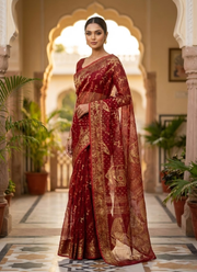 Dark Maroon Jamdani Saree with Mari Thread Work 2