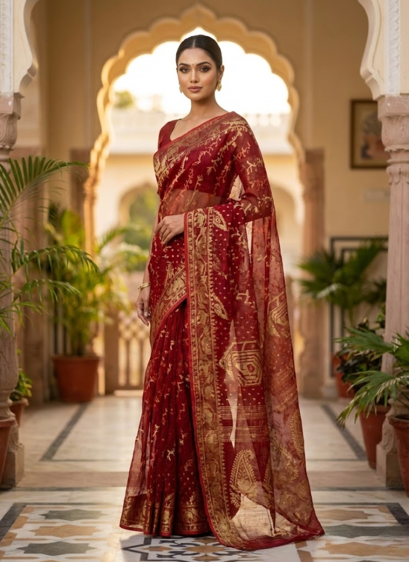 Dark Maroon Jamdani Saree with Mari Thread Work