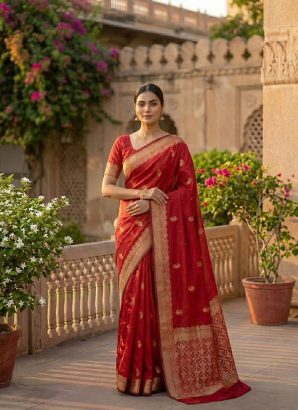 Red Banarasi Katan Silk Saree – Zari Work with Blouse Piece