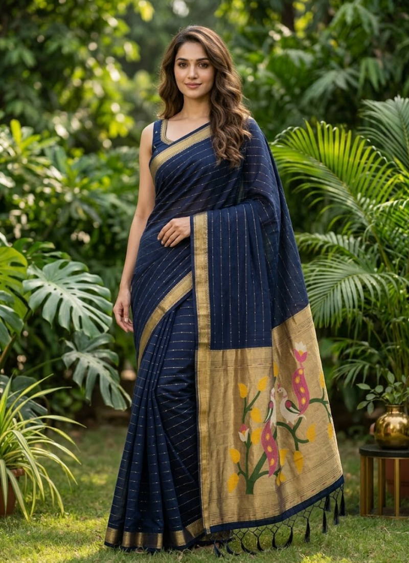 Cotton Paithani Saree – Zari Buttis & Pallu with Blouse Australia