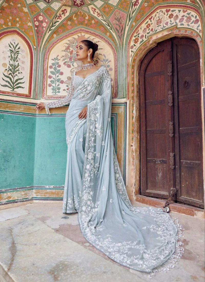 Baby Blue Georgette Saree with Thread Embroidery & Sequins Work + Blouse Piece