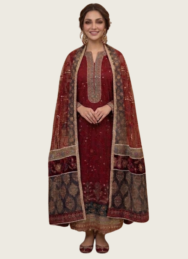Maroon Pakistani Anarkali Suit – Embroidered Chiffon with Net
