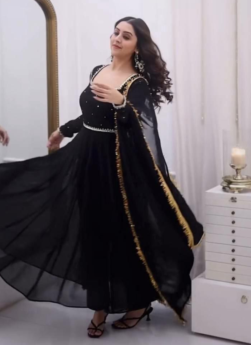 Black Anarkali Salwar Suit in Faux Georgette with Handwork & Diamond Lace Dupatta