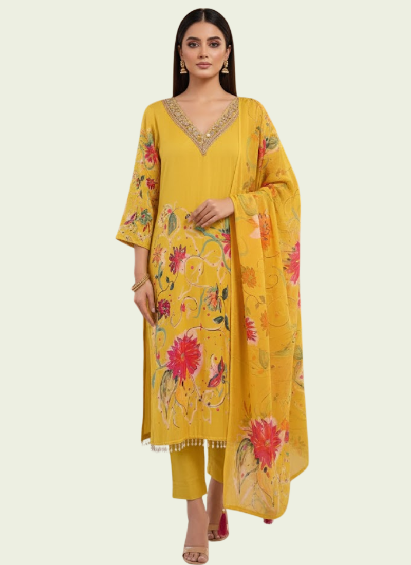 Pakistani Silk Salwar Suit with Mirror & Stone Work