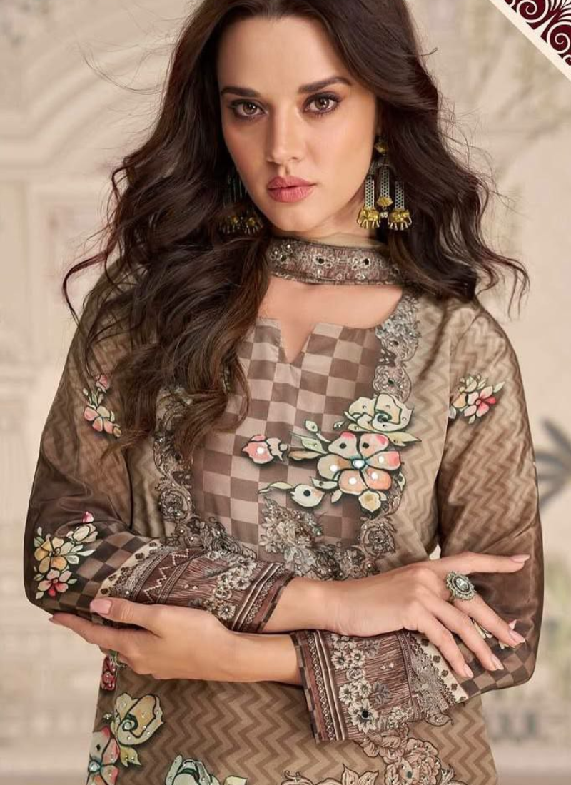 Mocha Brown Chinon Silk Sharara Suit with Mirror & Stone Work + Dupatta