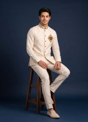 Diwali Linen Koti Set for Men – Handwork Brooch Koti, Shirt & Polo Pant 19
