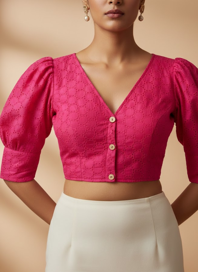 Pure Cotton Hakoba Puff Sleeve Blouse with Football Design