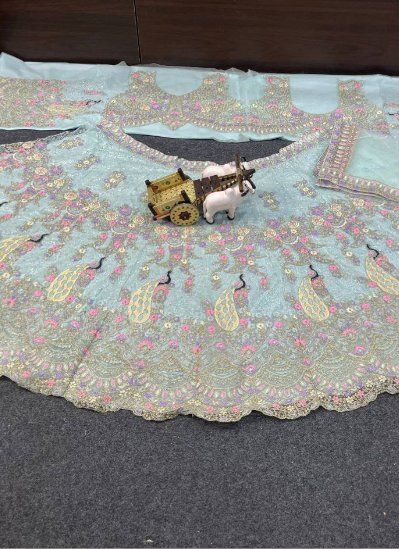 Sky Blue Butterfly Net Lehenga Choli with Sequins & Coding Embroidery + Dupatta