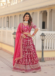 Pink Viscose Jacquard Lehenga Choli with Sequins Embroidery + Russian Silk Dupatta 4