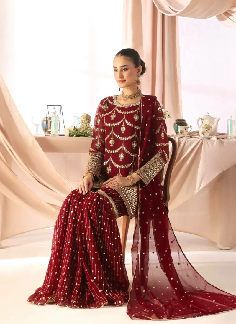 Deep Maroon Georgette Sharara Suit with Sequins Embroidery + Dupatta