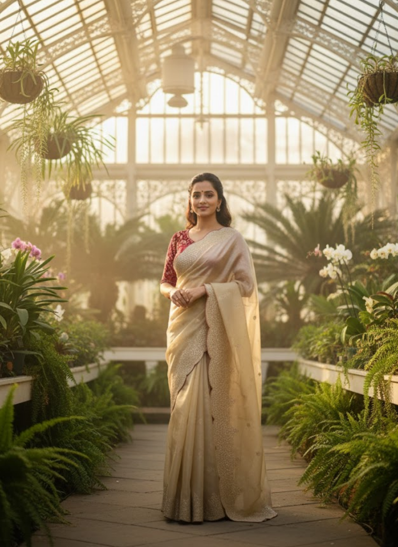 Champagne Gold Designer Saree – Sequins & Zari Work with Red Corset Blouse