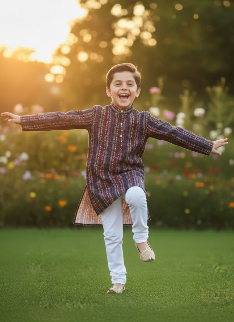 Color Splash Kids Kurta Pajama – Multicolor Silk Kurta with Cotton Pyjama
